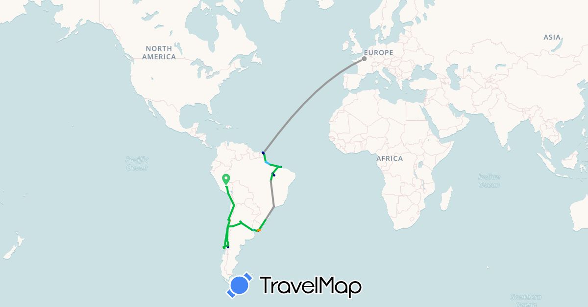 TravelMap itinerary: driving, bus, plane, train, hiking, boat, hitchhiking in Argentina, Brazil, Chile, France, French Guiana, Peru, Uruguay (Europe, South America)